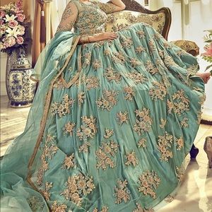Aqua and Gold Embroidered Indian Net Anarkali Maxi